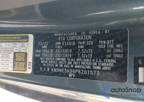 2023 Kia Carnival Mpv Sx z USA, uszkodzony, nr VIN KNDNE5H36P6201573